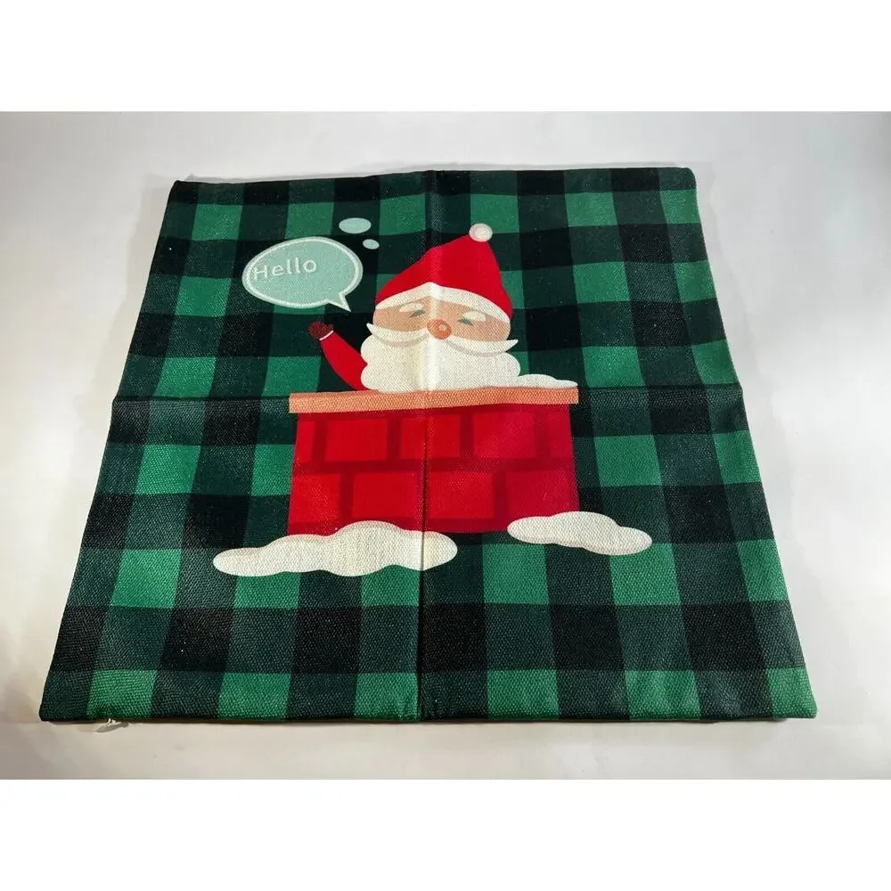 Christmas Pillow Cover Zipper Canvas Fabric Holiday Hello Santa Chimney NEW
